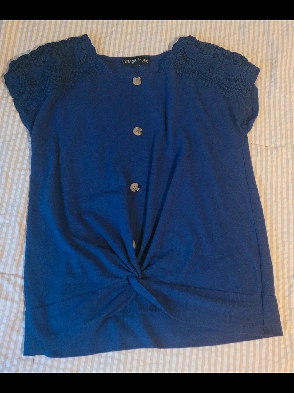Vintage Rose Women's Navy Blue Crochet Sleeve Button-Front Top